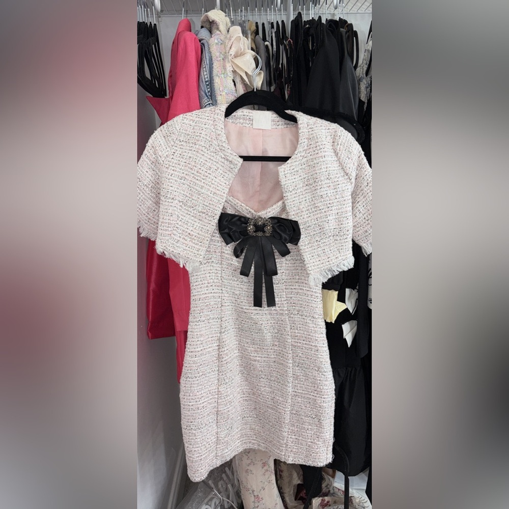 Meshki Cream Tweed Top with Black Bow